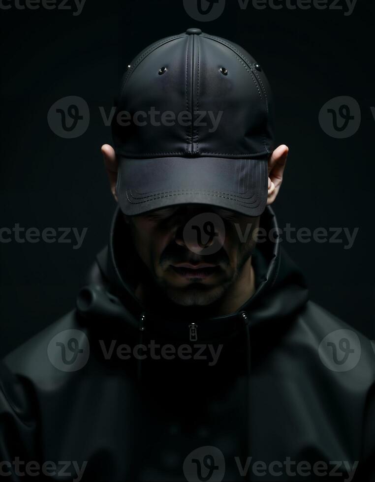 Mysterious hooded figure in black cap with shadowed face photo