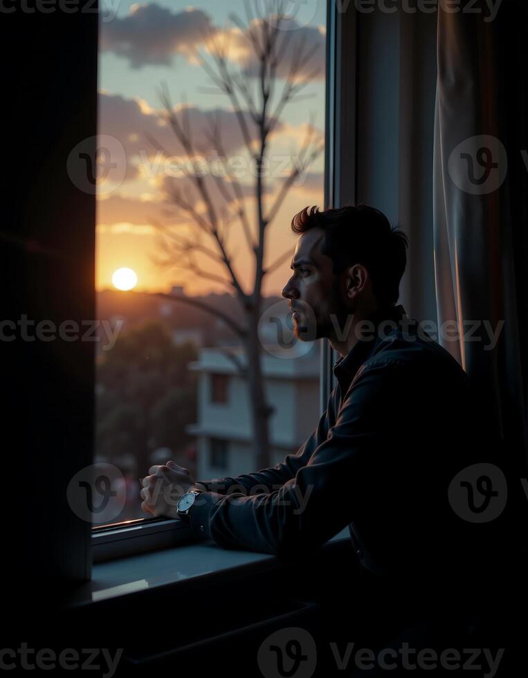 Contemplative man watching sunset through window in tranquil urban setting photo