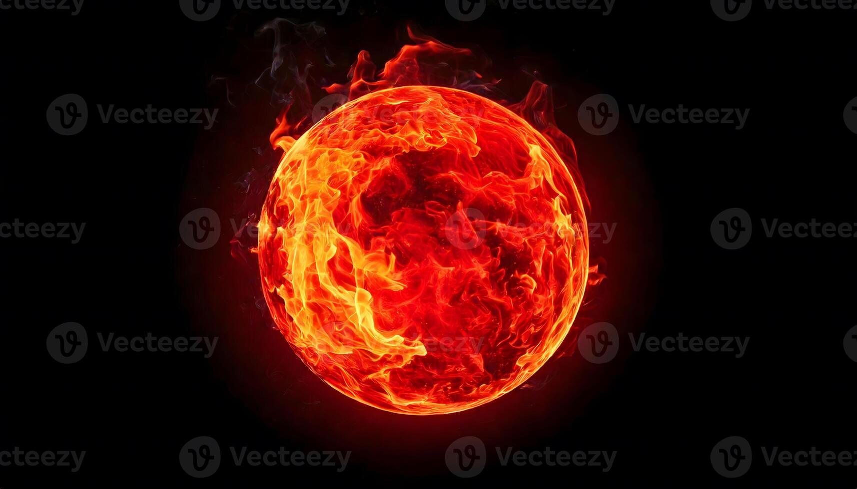 Fiery plasma sphere glowing intensely with swirling red fire flames on dark background, abstract explosive energy, scifi visuals, and futuristic design concept. photo