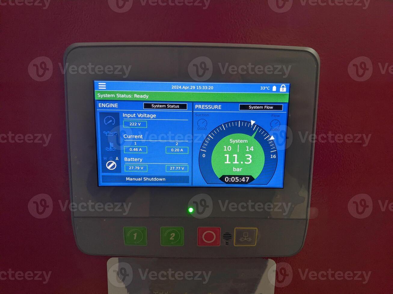 Digital Control Panel Displaying System Status and Pressure Readings Diesel fire pump. photo
