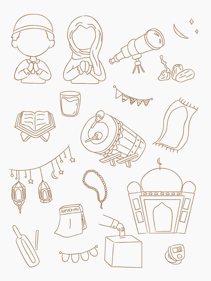 Hand drawn outline ramadan activity collection vector