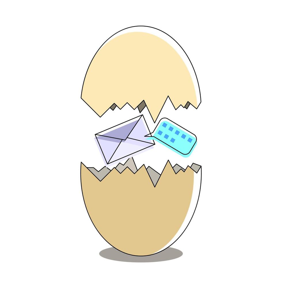 Creative illustration of broken eggs containing letter envelopes and speech bubbles symbolizing the birth of ideas, communication, technology. Ideal for innovation, business and connectivity themes vector