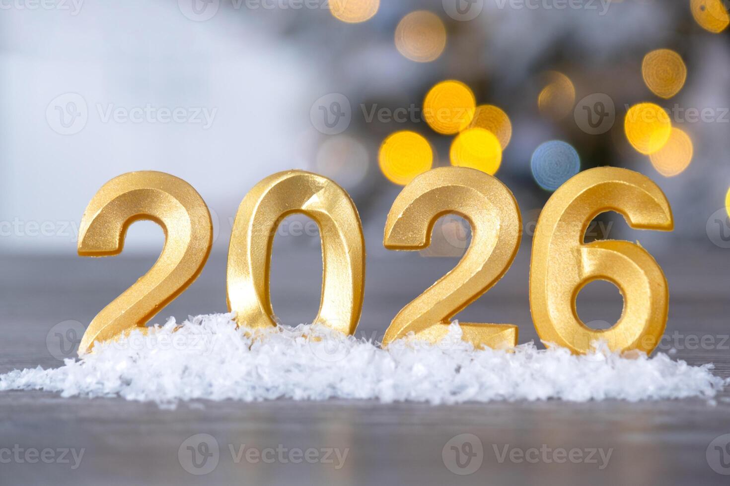 Golden number 2026 New Year against background fairy light, snow and garlands. Greeting card, Happy New Year, cozy home photo
