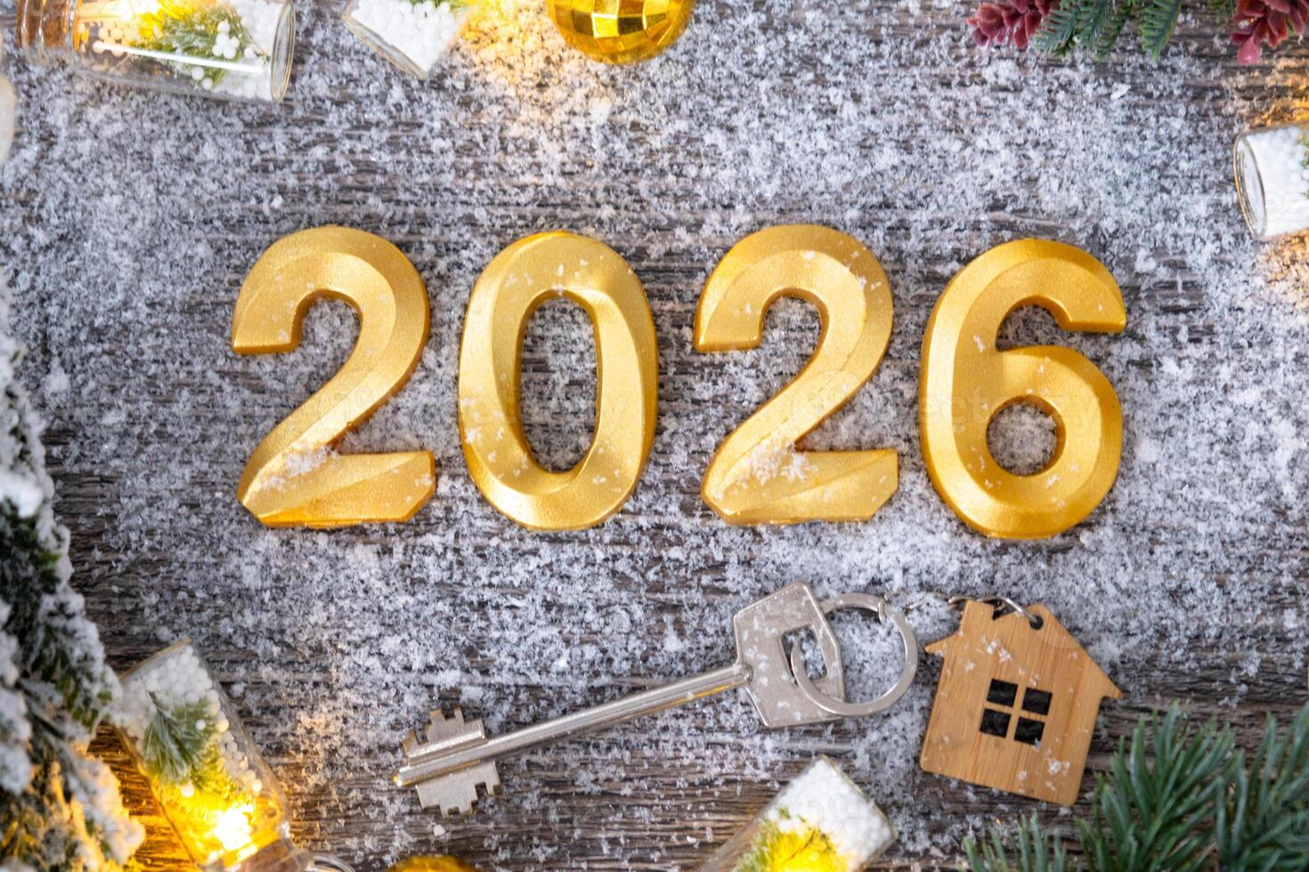 New Year 2026 golden numbers and House key with tiny form of home on festive grey wooden background flatlay, lights of garlands, greeting card. Housing, real estate, relocation, mortgage, photo