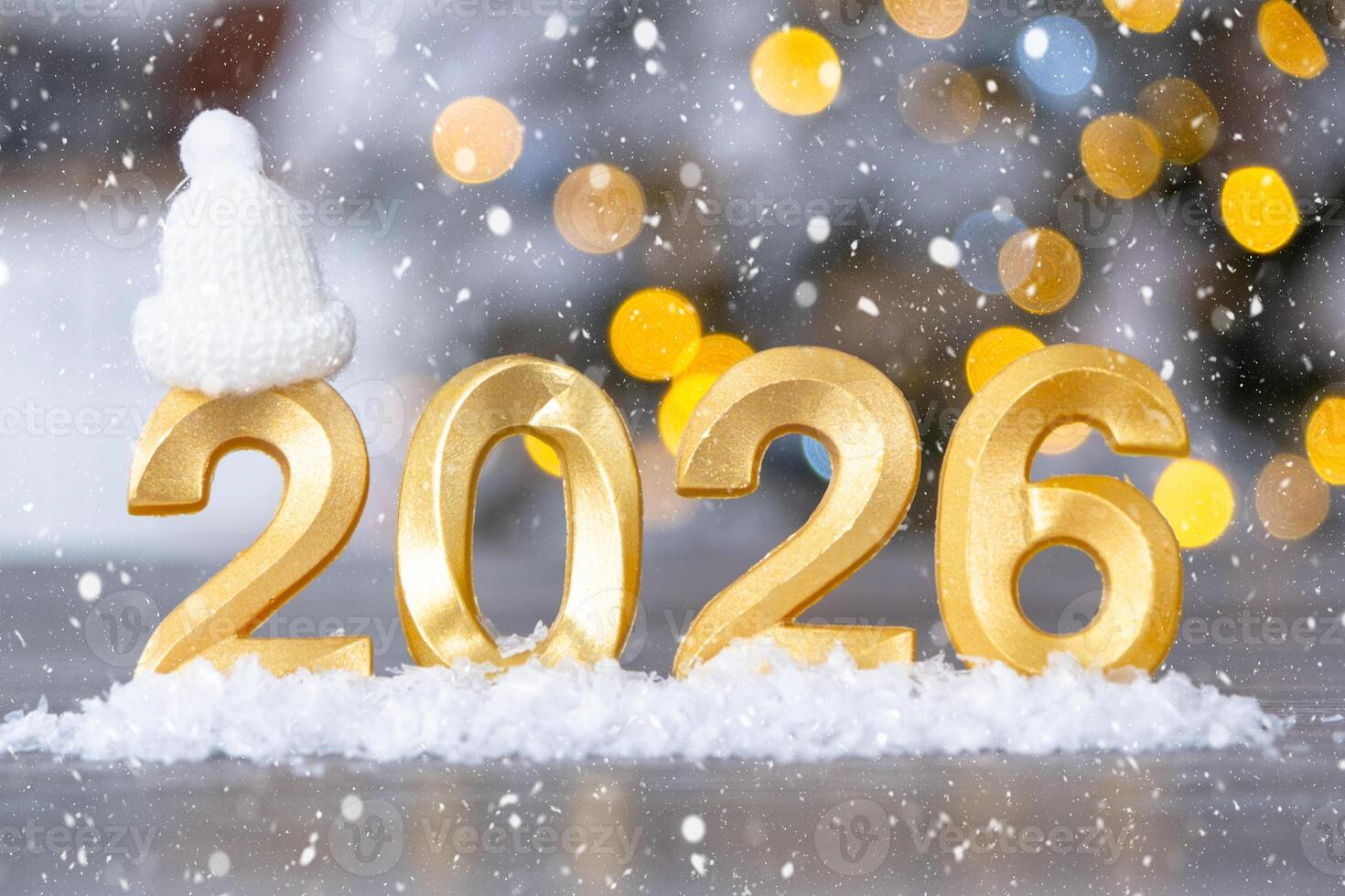 Golden figures number 2026 New Year against the background of fairy light, snow and garlands. Greeting card, Happy New Year, photo