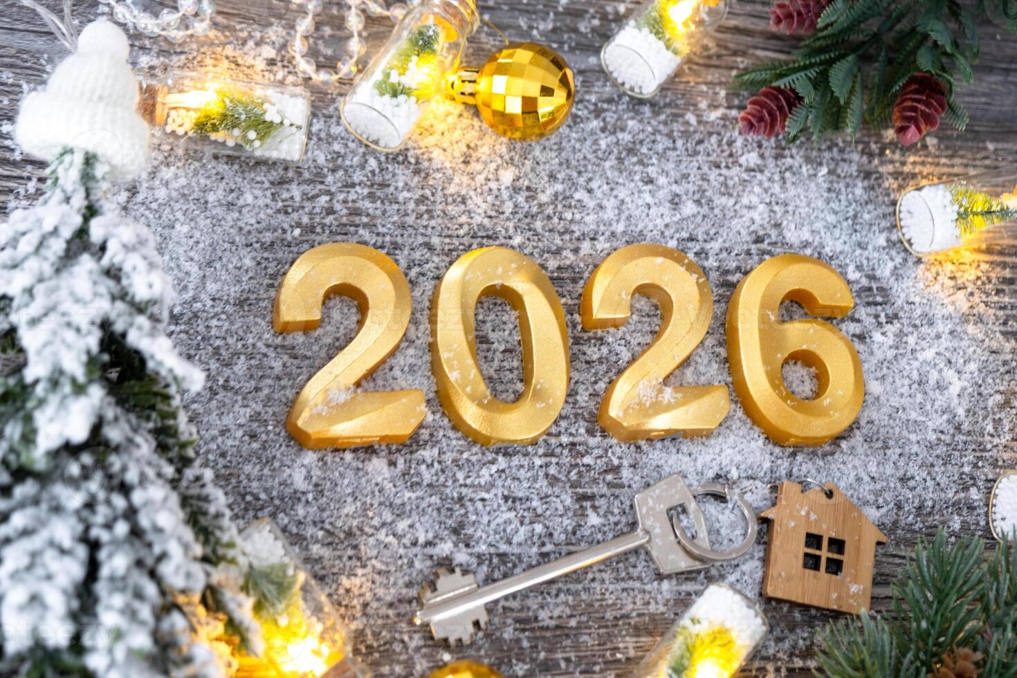 New Year 2026 golden numbers and House key form of home on festive grey wooden background flatlay, lights of garlands, greeting card. Housing, real estate, relocation, mortgage, insurance photo