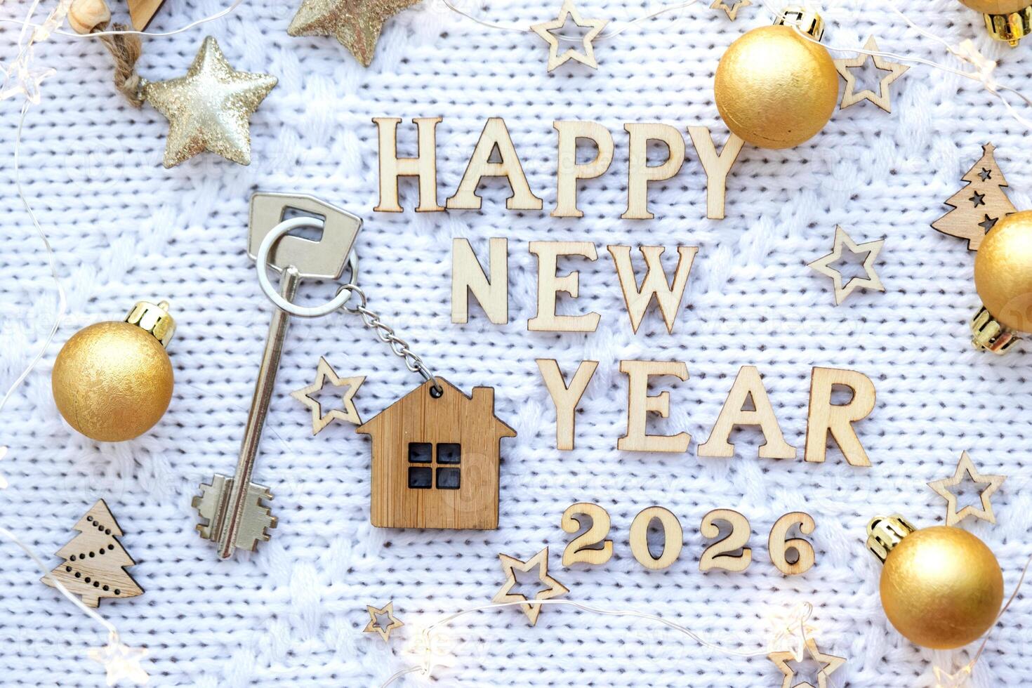 House key with keychain cottage on background with stars, lights of garlands. New Year 2026 wooden letters, greeting card. Purchase, construction, relocation, mortgage, insurance photo