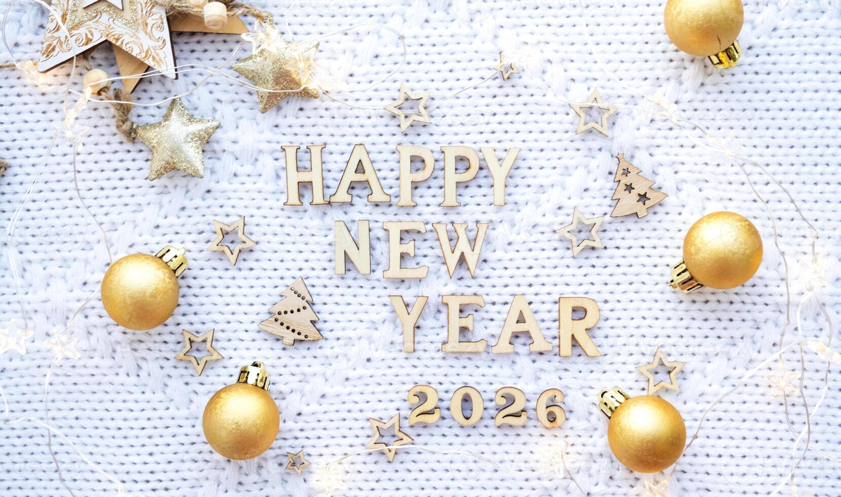 Happy New Year wooden numbers 2026 on festive white knitted background with sequins, stars, lights of garlands. Greetings, postcard. Calendar, cover photo