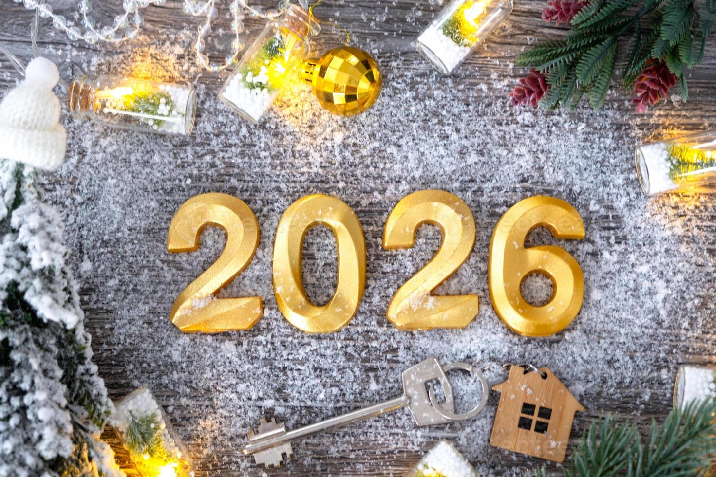 New Year 2026 numbers and House key form of home on festive grey wooden background flatlay, lights of garlands, greeting card. Housing, real estate, relocation, mortgage, insurance photo