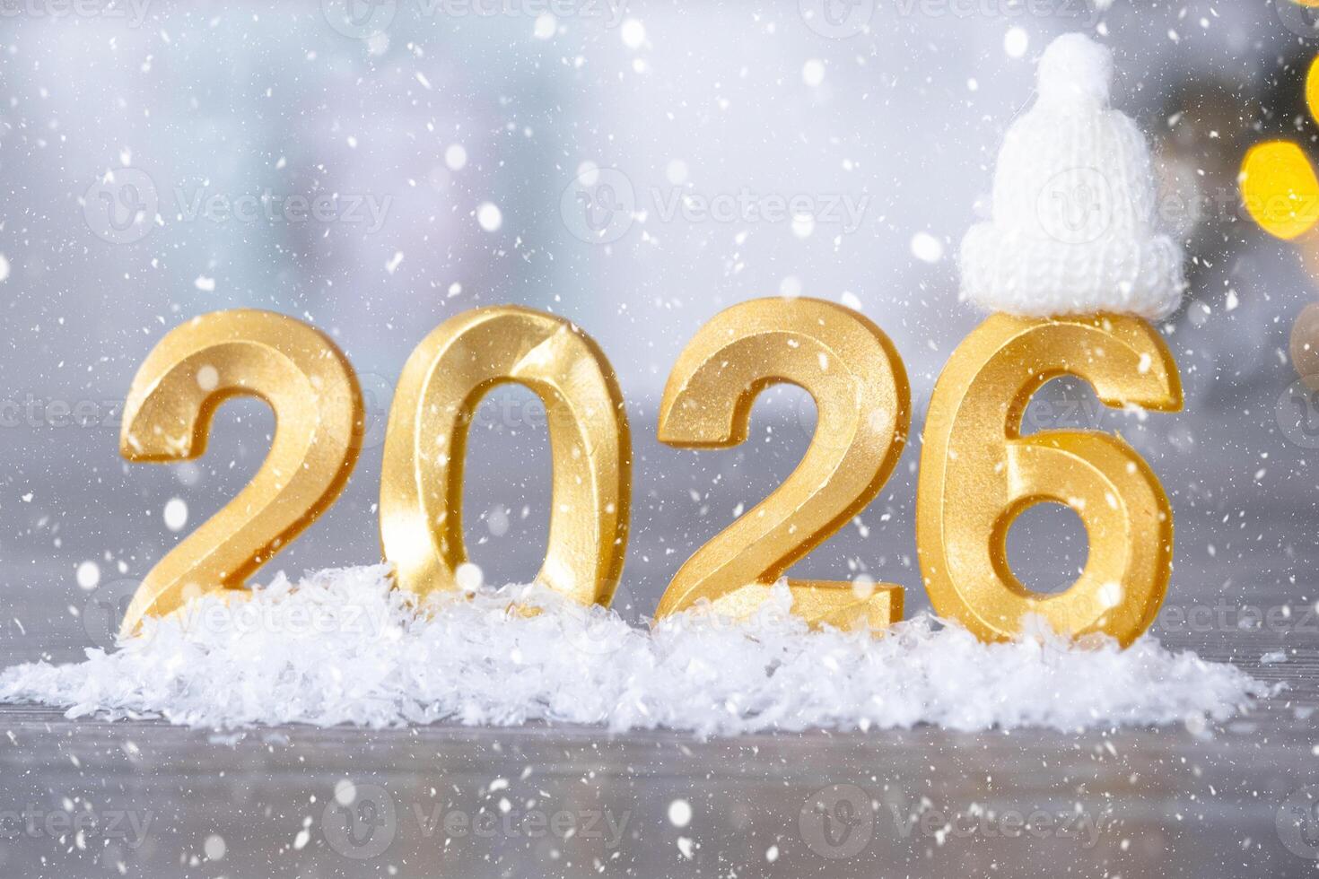 Golden figures number 2026 New Year against the background of fairy light, snow and garlands. Greeting card, Happy New Year, cozy photo