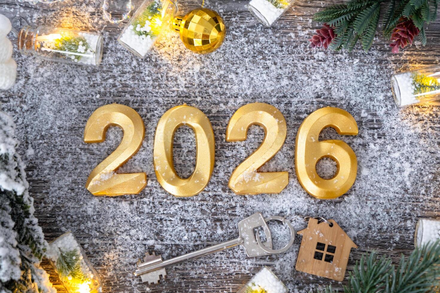 New Year 2026 golden numbers House key form home on festive grey wooden background flatlay, lights of garlands, greeting card. Housing, real estate, relocation, mortgage, insurance photo