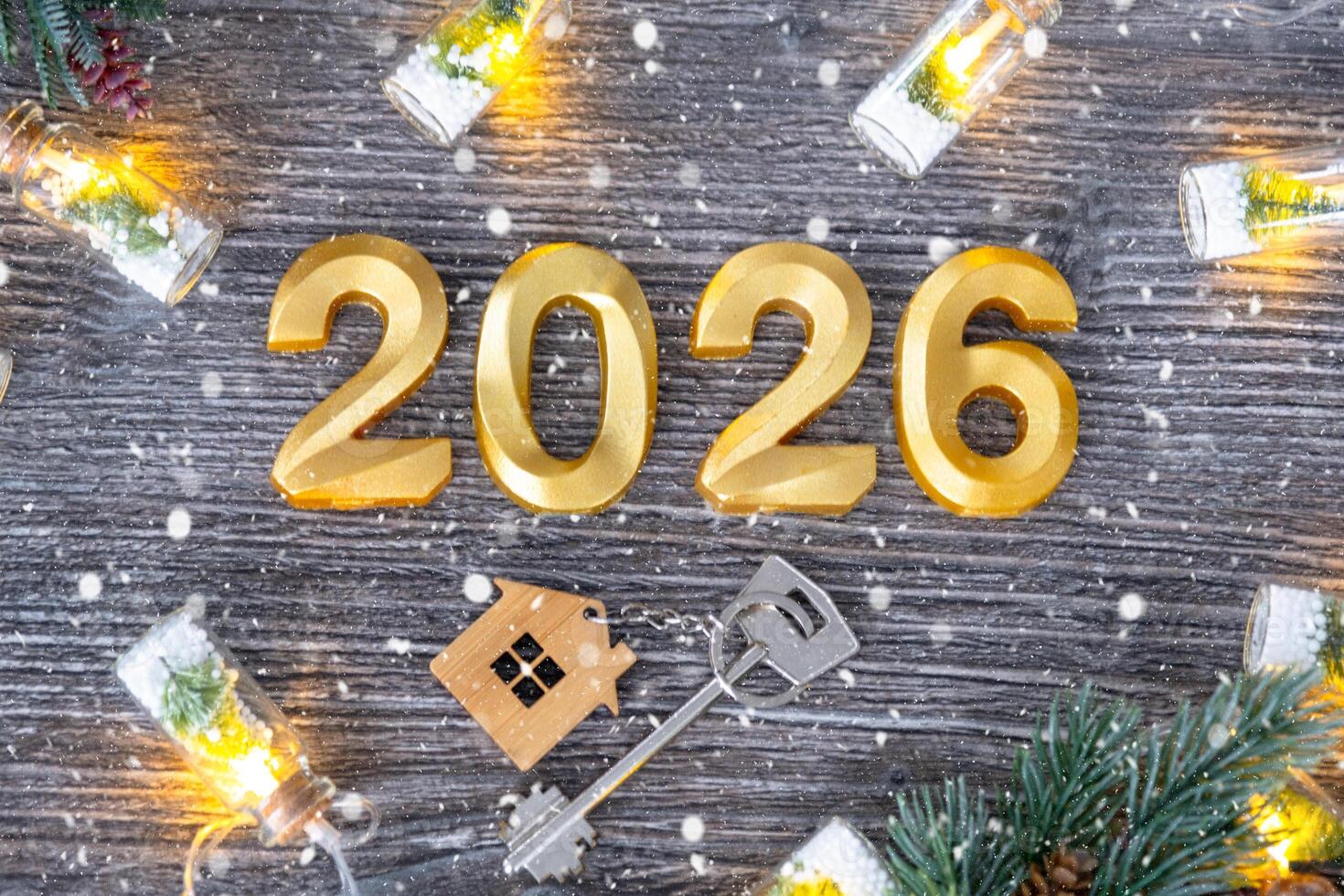 New Year 2026 numbers and House key with tiny form of home on festive grey wooden background flatlay, lights of garlands, greeting card. Housing, real estate, relocation, mortgage, insurance photo