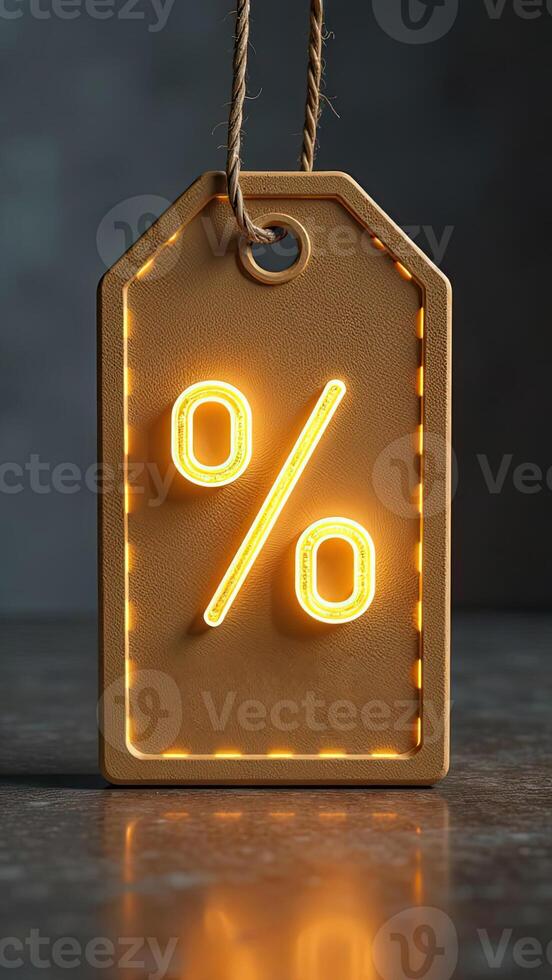 Neon glowing gold percentage sign on price tag grey concrete background. Flyer for Black Friday, sale, discounts. photo