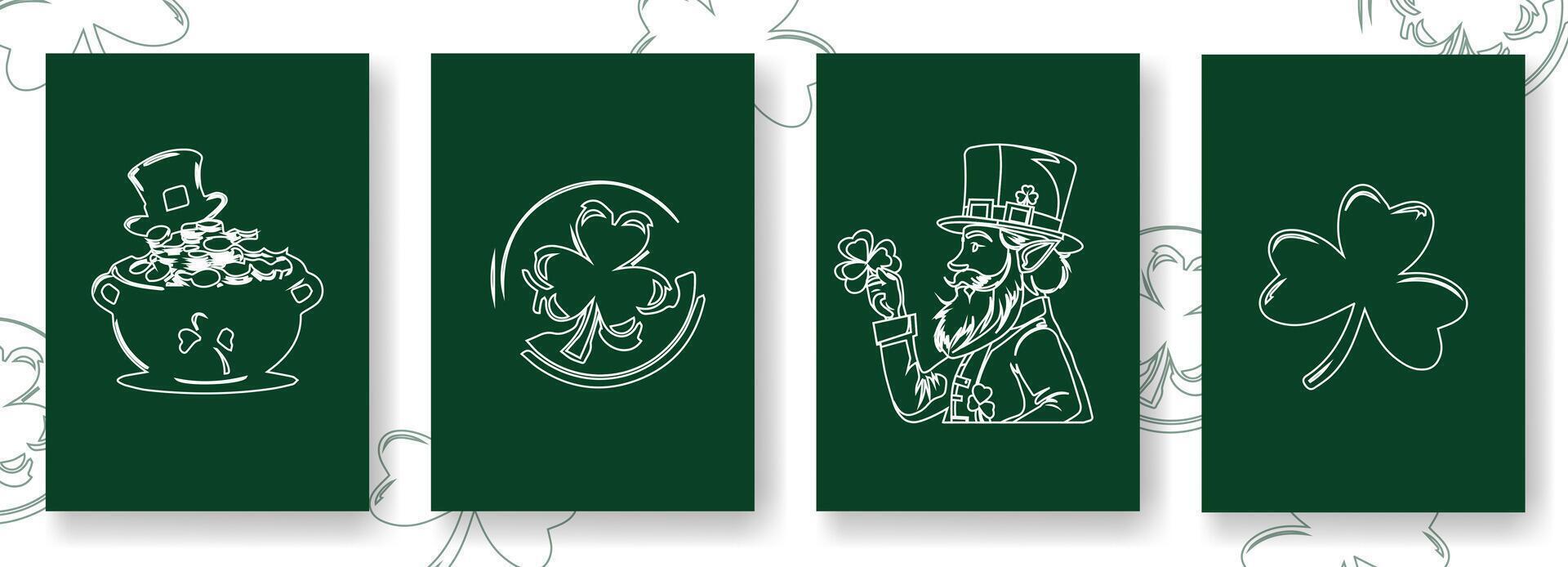 Happy St Patrick's Day Bundling Style includes Leprechaun, Shamrock, Pot, and Coin in green background. vector