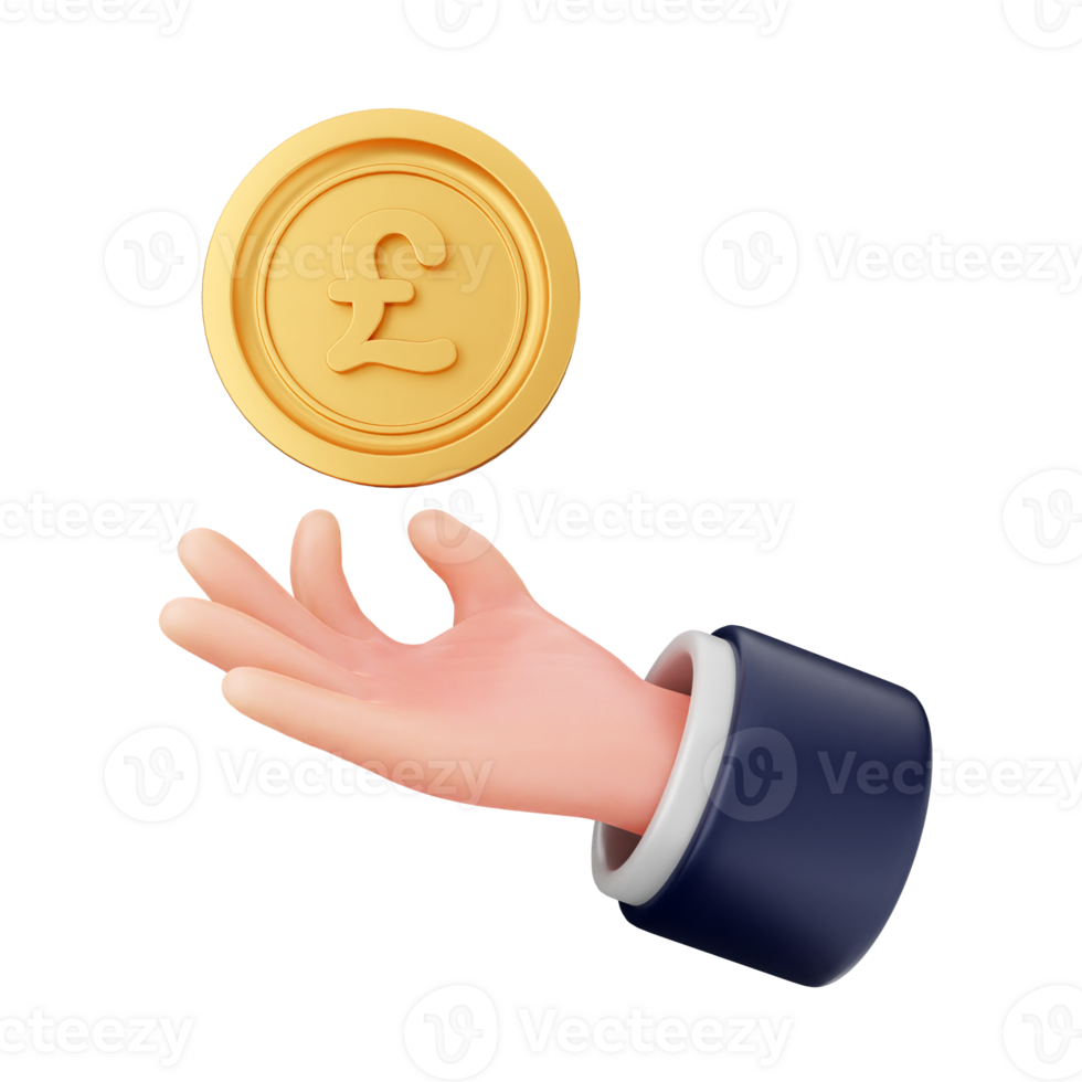 Hand holding a gold pound coin with a hand in a suit png