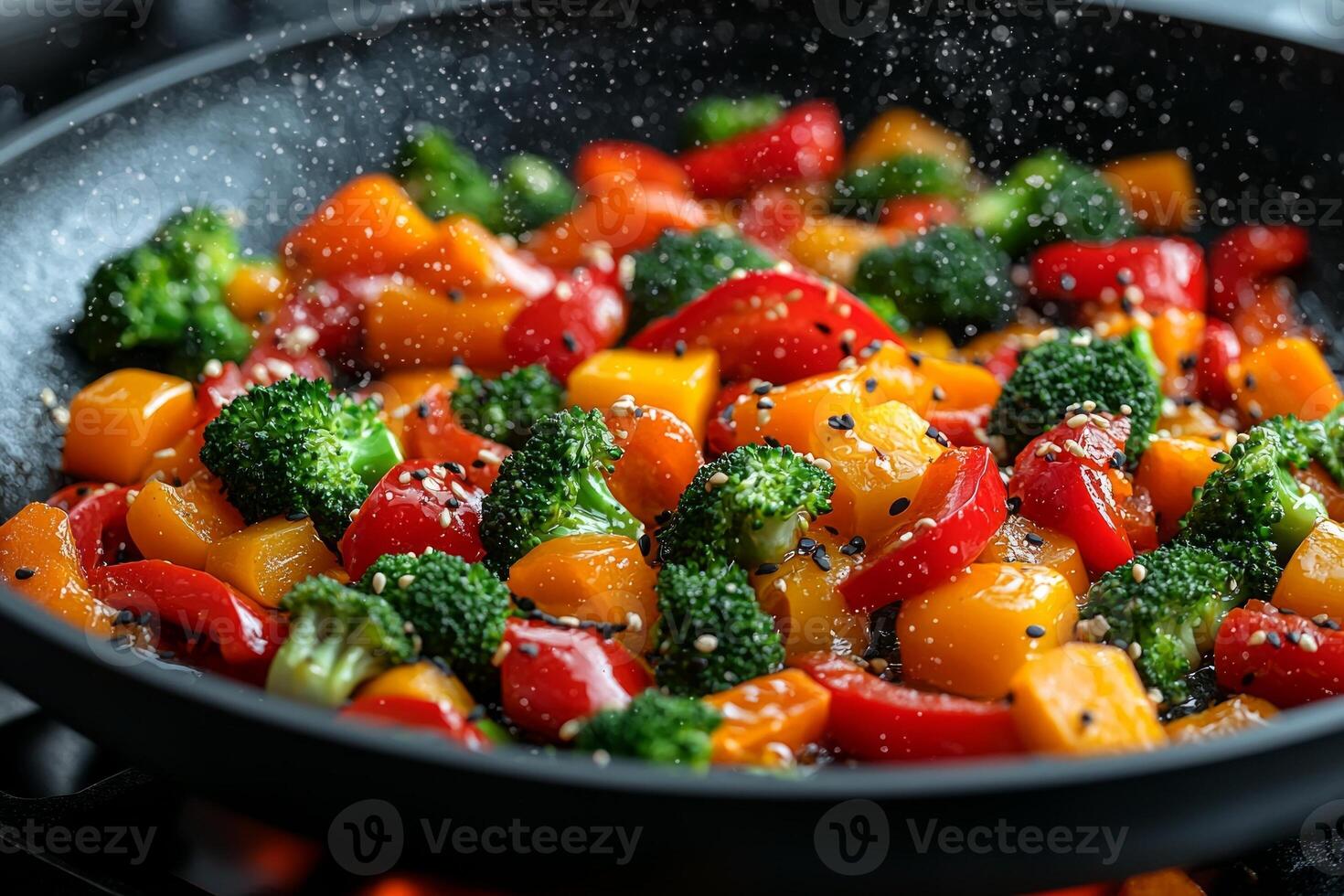 Close up of fresh bell peppers broccoli and carrots being stir fried in wok showcasing vibrant colors and glossy sauce enhances flavor and freshness photo