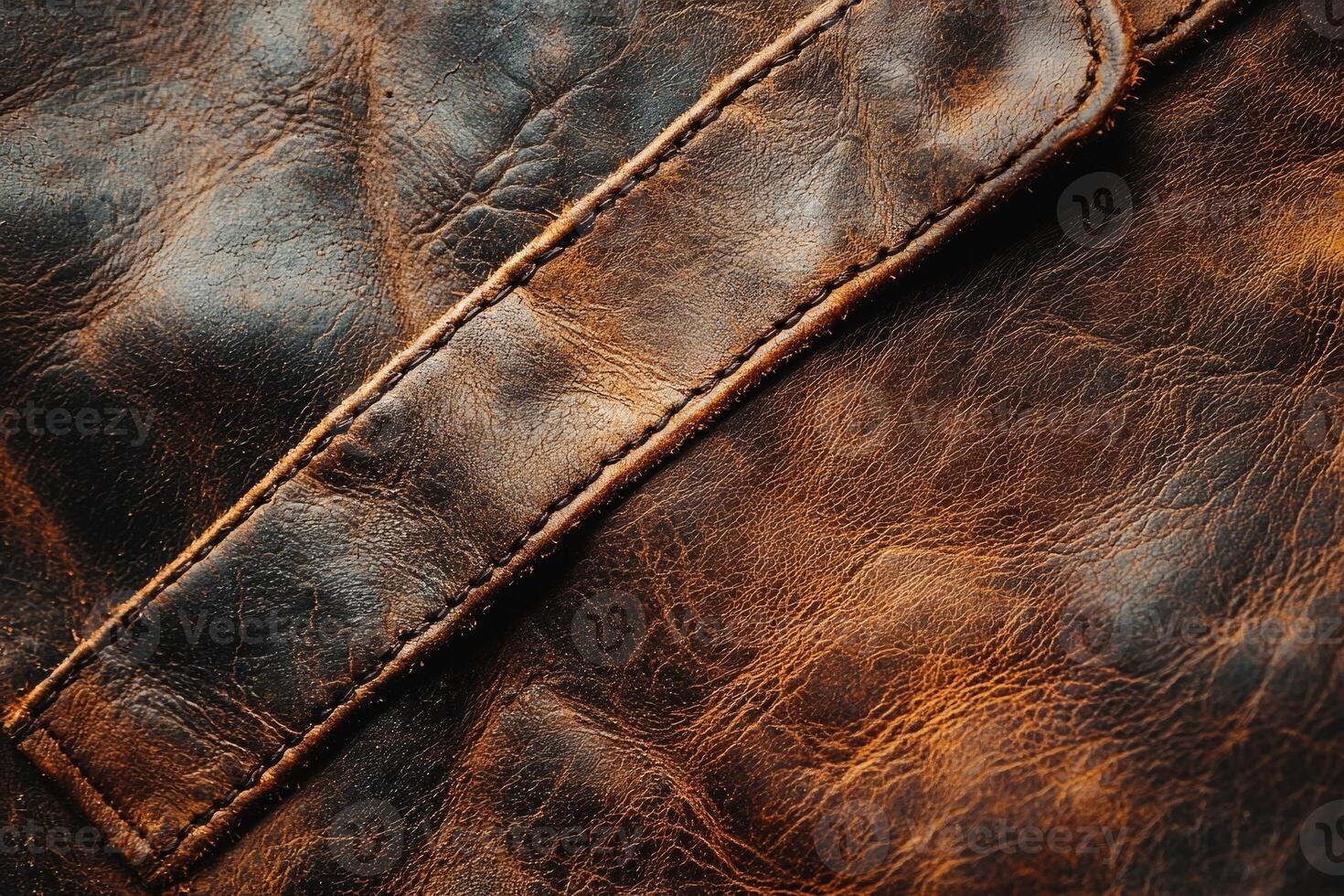close up view reveals intricate texture and character of aged leather visible cracks and creases. Dramatic light enhances its rugged appearance highlighting its unique patina photo