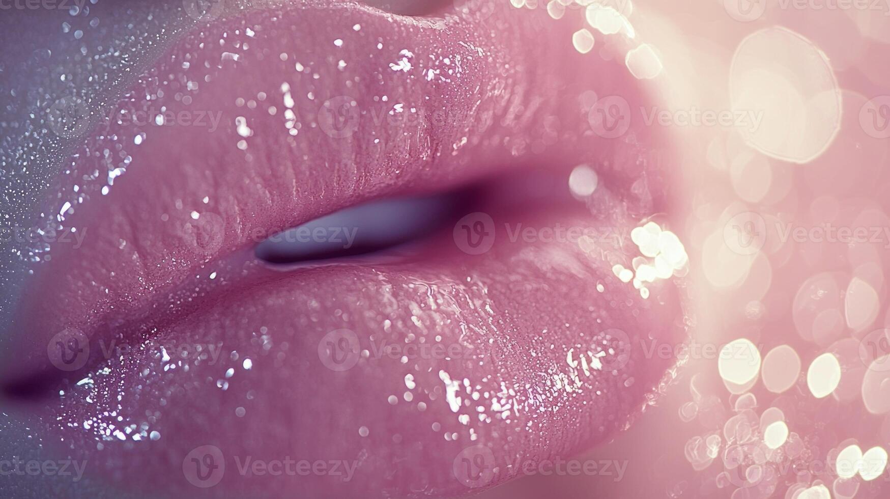 Lips are elegantly painted in soft baby pink tone radiating freshness and youthfulness. dewy finish is beautifully highlighted natural soft light creating inviting allure photo