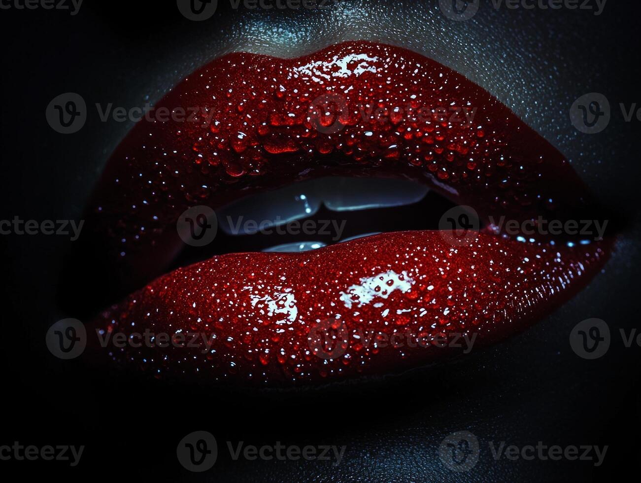Bold glossy red lips glisten softly flattering lighting emphasizing their perfect shape and luxurious look creating glamorous and inviting atmosphere photo
