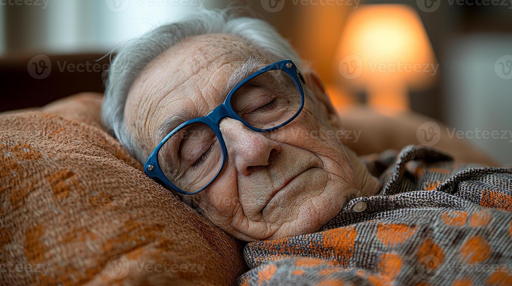 elderly man sleeps soundly in cozy bed wearing blue sleep mask. warm earth toned bedding and soft lighting create serene atmosphere conducive rest photo