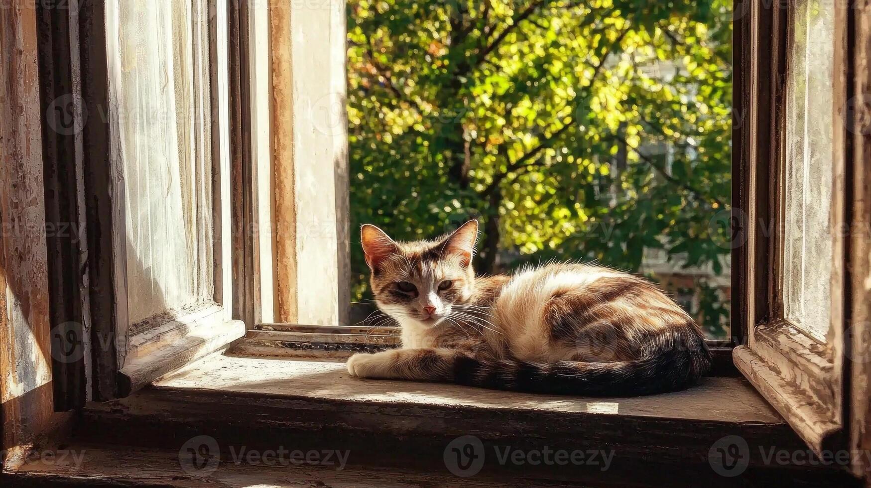 cat relaxes on windowsill as sunlight streams in creating warm and inviting atmosphere. soft fur and serene expression highlight peaceful moment in cozy home photo