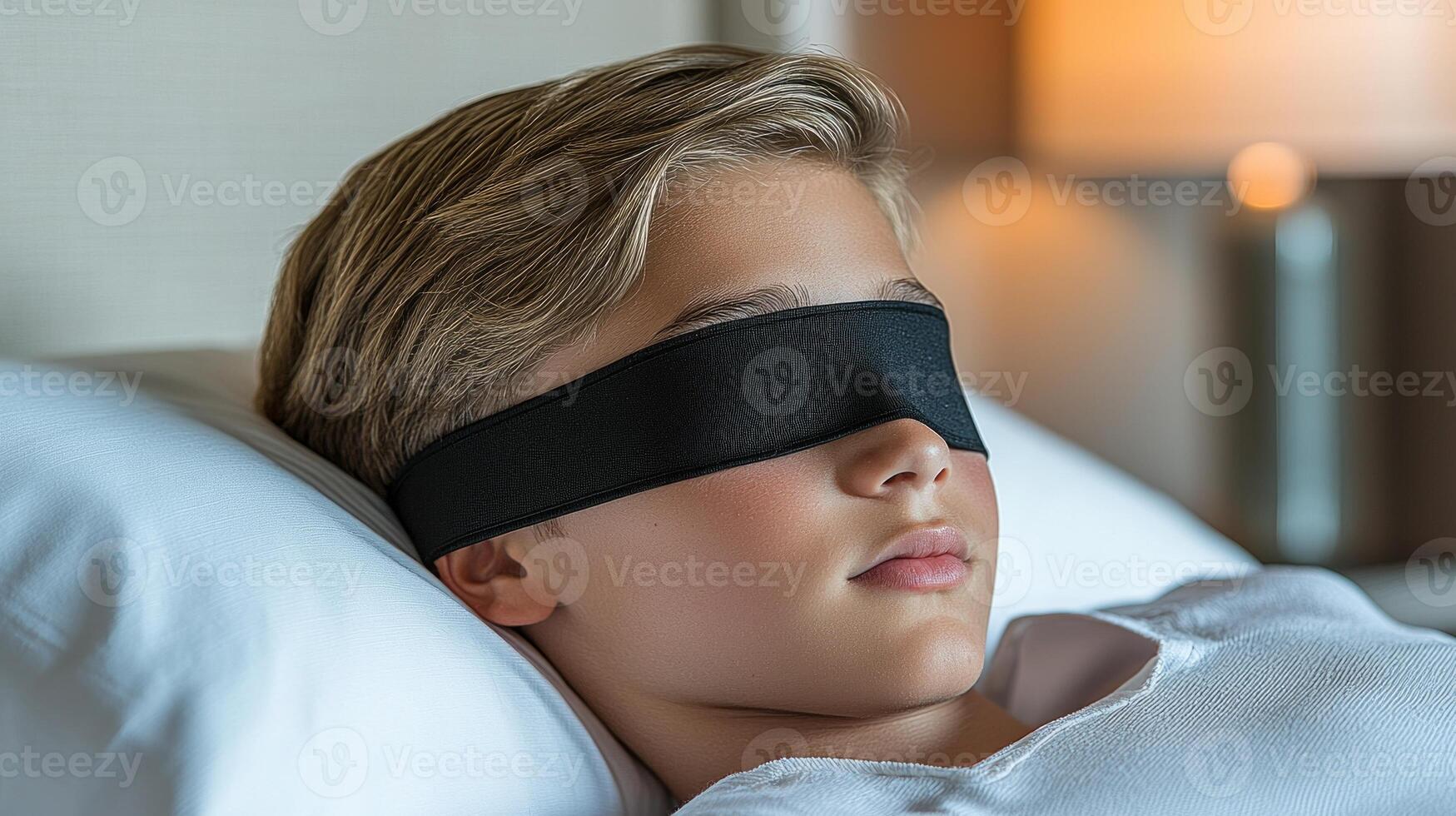 young man is sleeping comfortably in minimalist bedroom wearing black sleep mask. interior features soft warm lighting creating relaxing atmosphere clean bedding photo