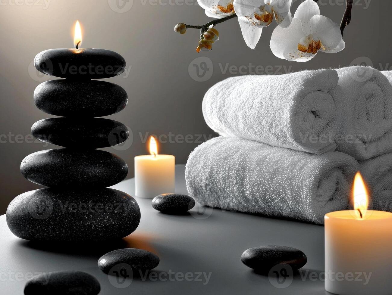 young woman enjoys rejuvenating spa treatment while lying on massage table surrounded soft towels and flickering candles creating tranquil atmosphere photo