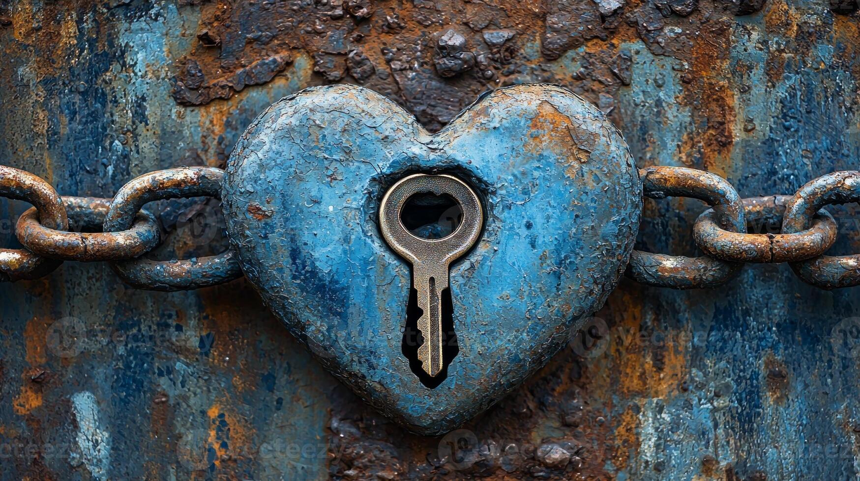 heart shaped lock missing key sits against cold metallic backdrop. Chains encircle lock tightly representing pain of unreturned affection and emotional struggles photo