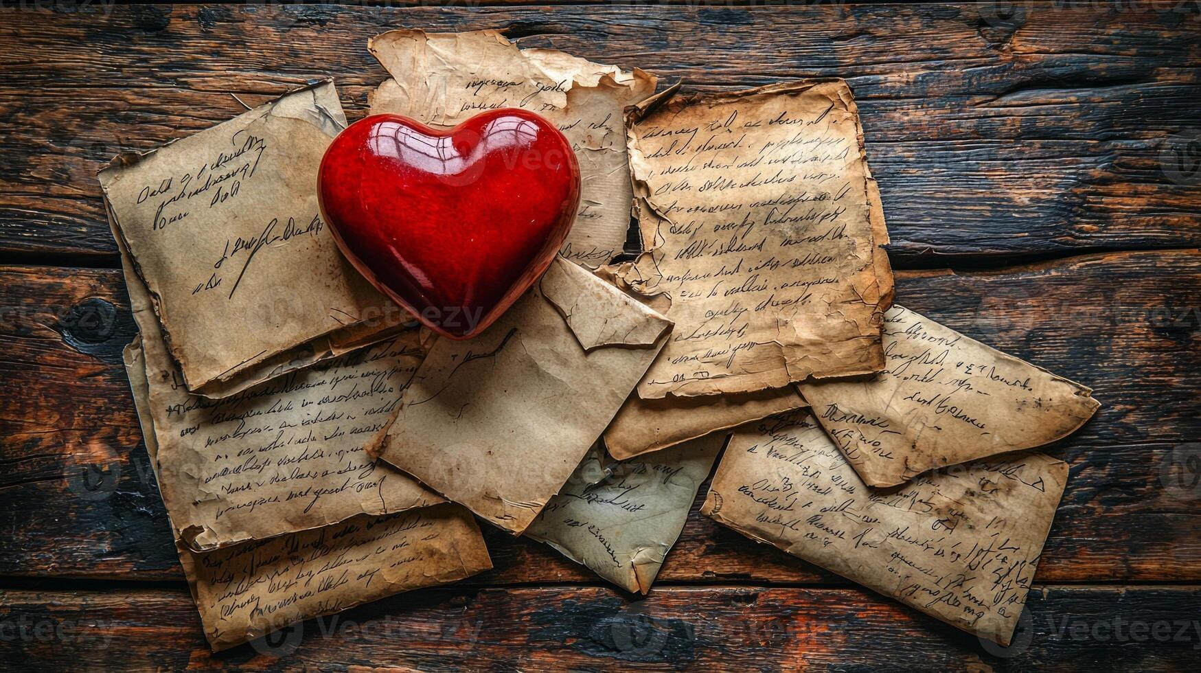 Torn love letters lay scattered on wooden table accompanied broken ceramic heart. Soft diffused light enhances nostalgic and sorrowful mood of display photo