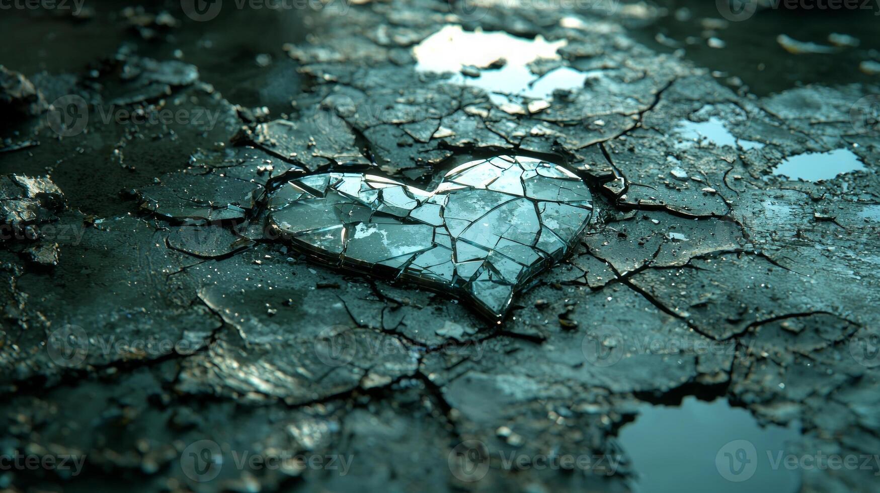 In dimly lit setting cracked mirror showcases heart shaped object shattered into jagged pieces. single spotlight emphasizes broken reflection symbolizing fragility photo