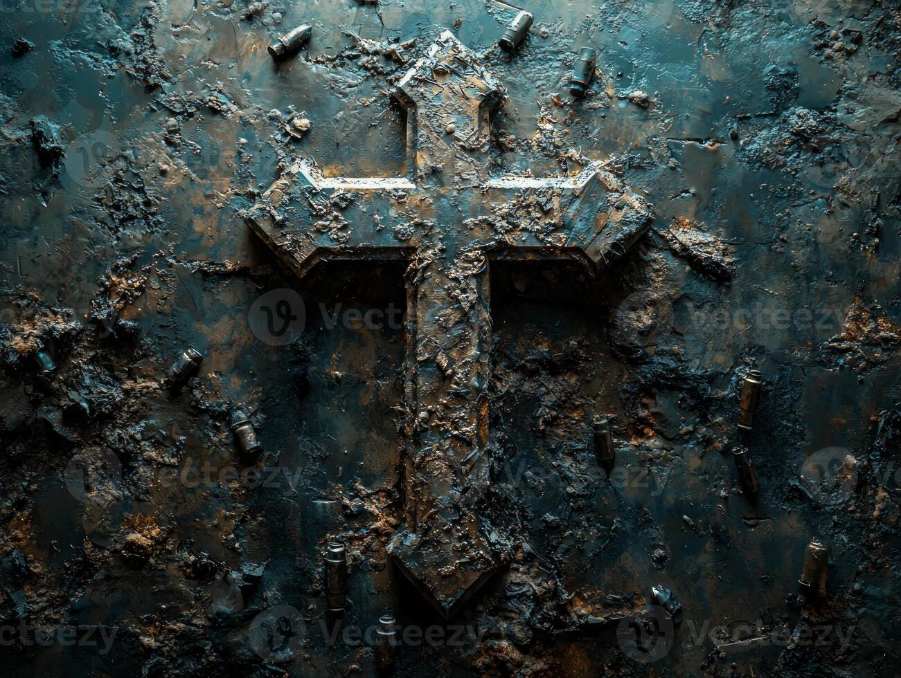 cross formed entirely from bullets is showcased soft dramatic lighting. metallic surfaces shine against stark black background conveying themes of sacrifice and redemption photo