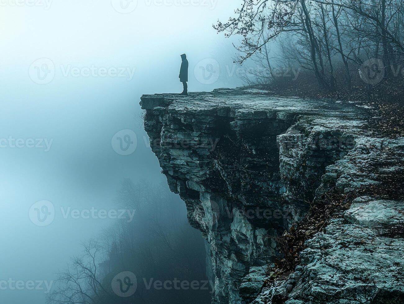 solitary figure gazes into void from edge of foggy cliff surrounded muted colors and diffused light enhance sense of introspection and unease photo