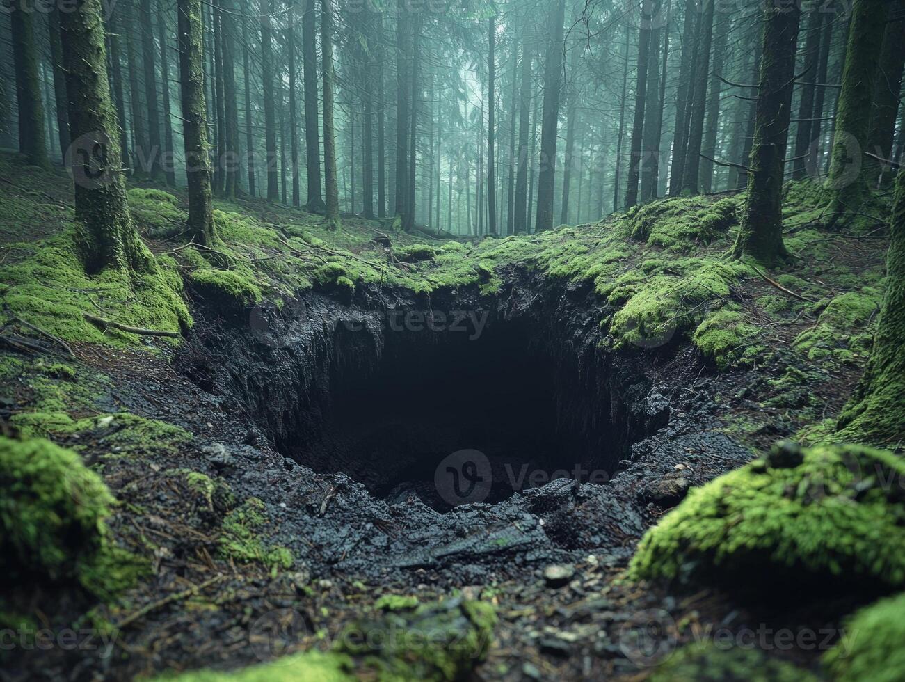 In shadowy forest ground reveals dark bottomless pit while trees lean inward. Soft beams of light struggle penetrate dense canopy enhancing eerie atmosphere photo