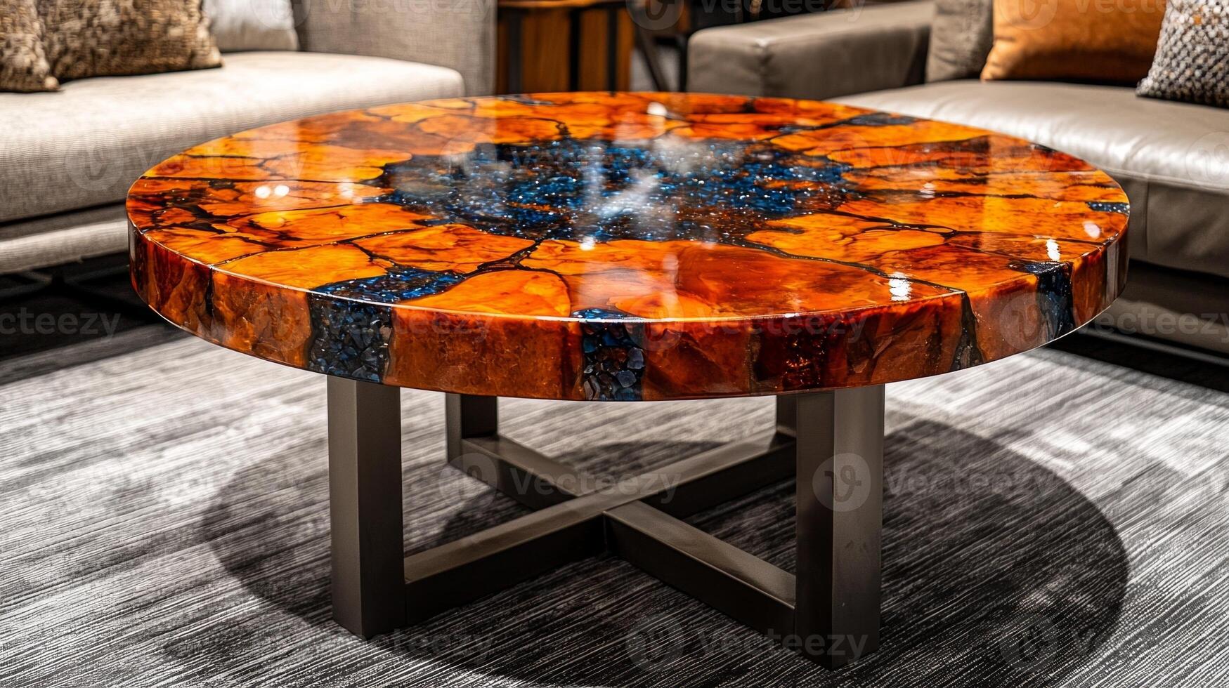 cozy living room features stylish round coffee table clear epoxy resin surface filled vibrant stones resting on modern metal base creating inviting atmosphere photo