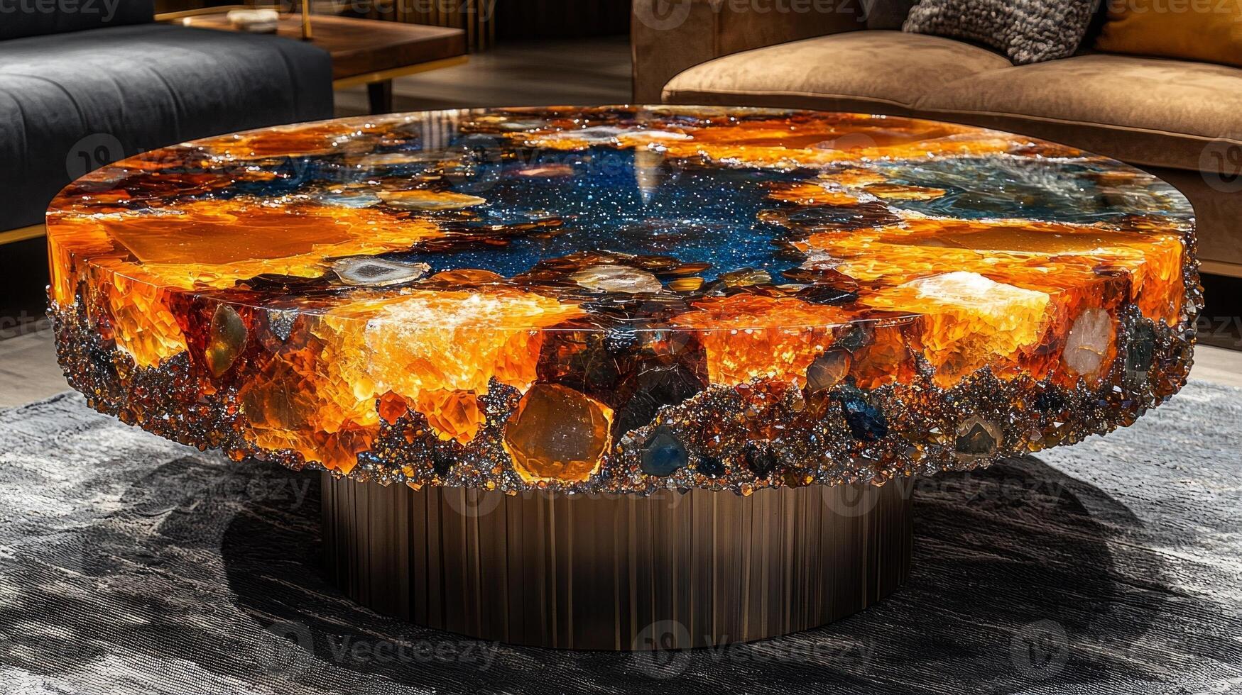 round coffee table features clear epoxy resin surface vibrant stones nestled within enhancing inviting atmosphere of warm living room illuminated soft lighting photo