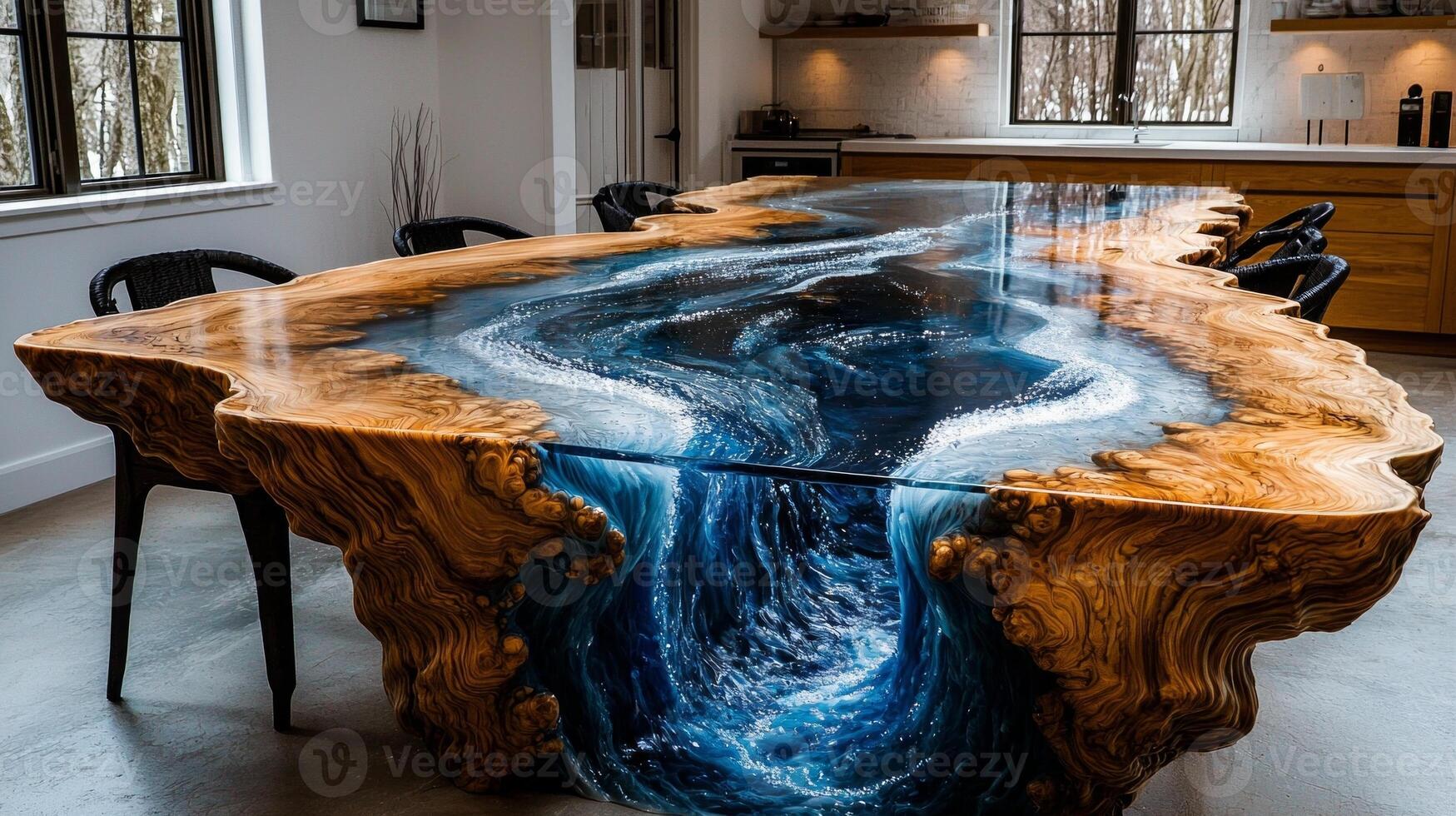 Large wooden dining table showcases stunning blue and white ocean wave epoxy resin. realistic sea effect enhances bright contemporary dining area photo