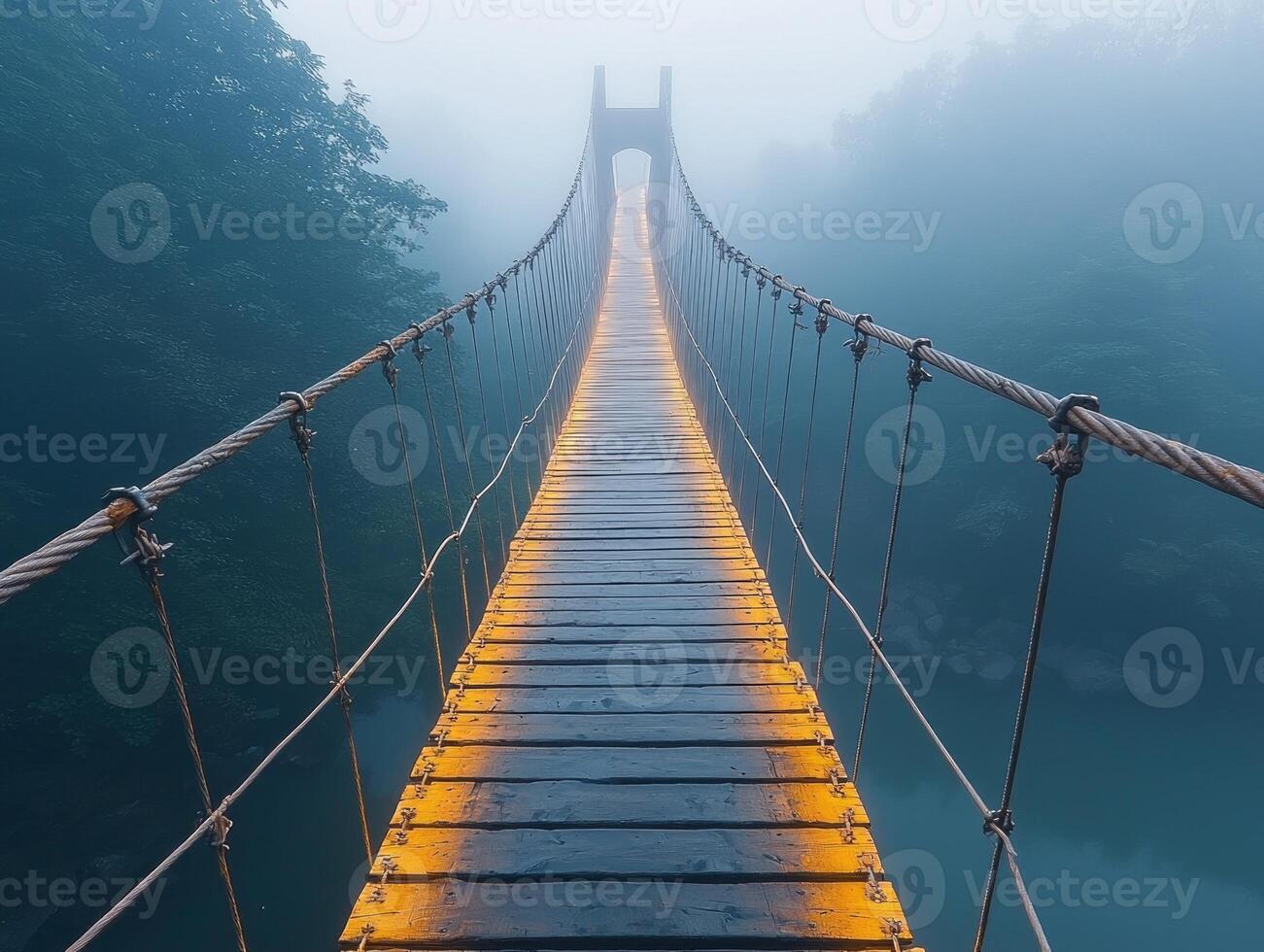 broken suspension bridge stretches across vast chasm hovering over misty canyon. Dramatic light enhances haunting atmosphere of emotional distance and abandonment photo