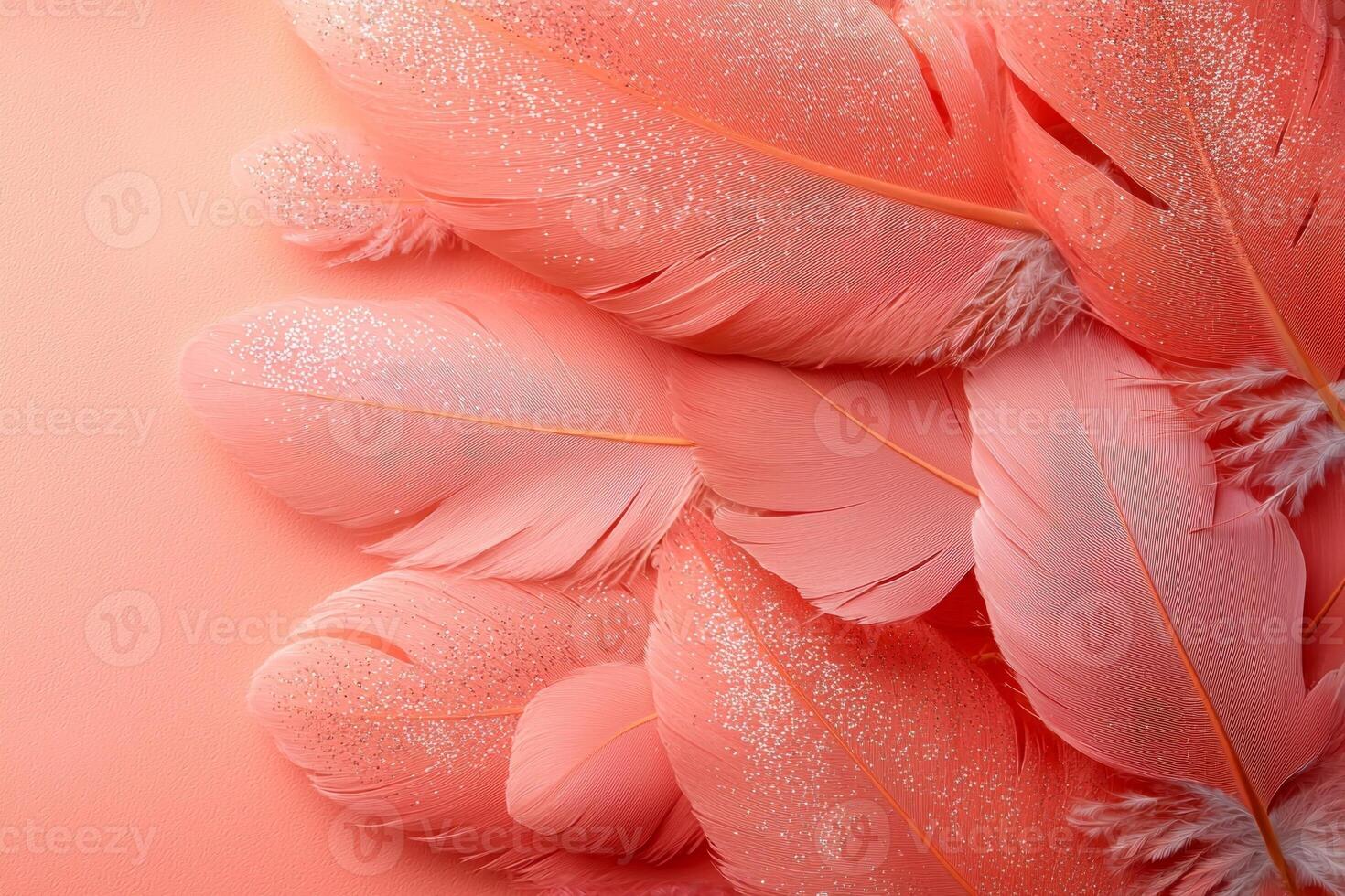 Delicate feathers in soft pastel shades are artistically placed on smooth background adorned subtle glitter providing perfect blank space for creative text or designs photo