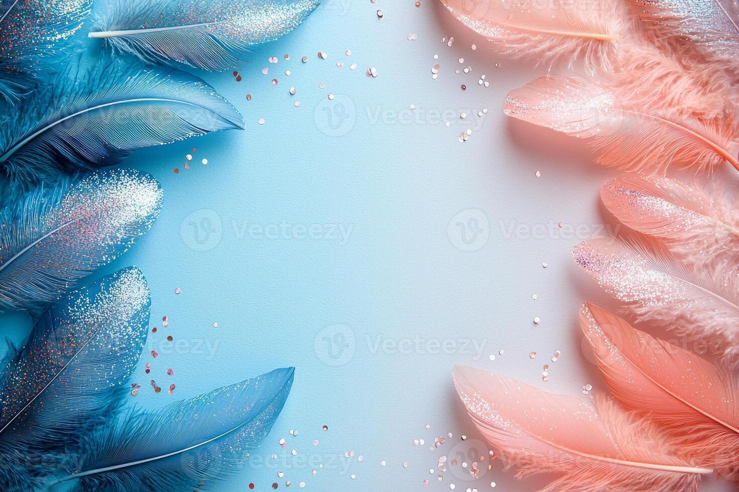 beautiful arrangement of delicate feathers in blue and pink hues dusted sparkling glitter creates inviting backdrop photo