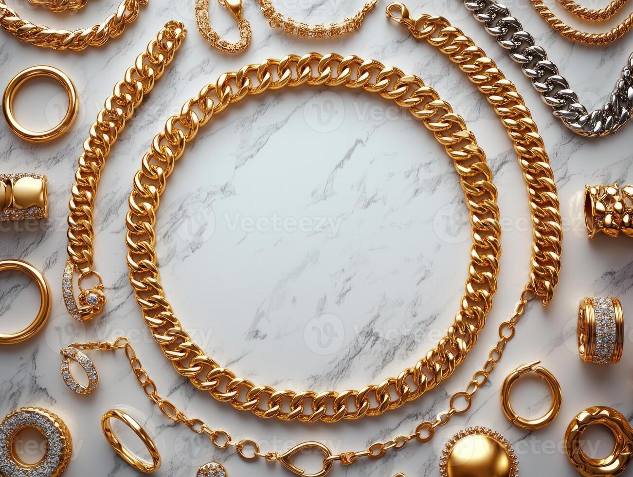 Delicate gold chains bracelets and rings are arranged elegantly on marble surface creating luxurious display large blank area for personalized text or logos photo