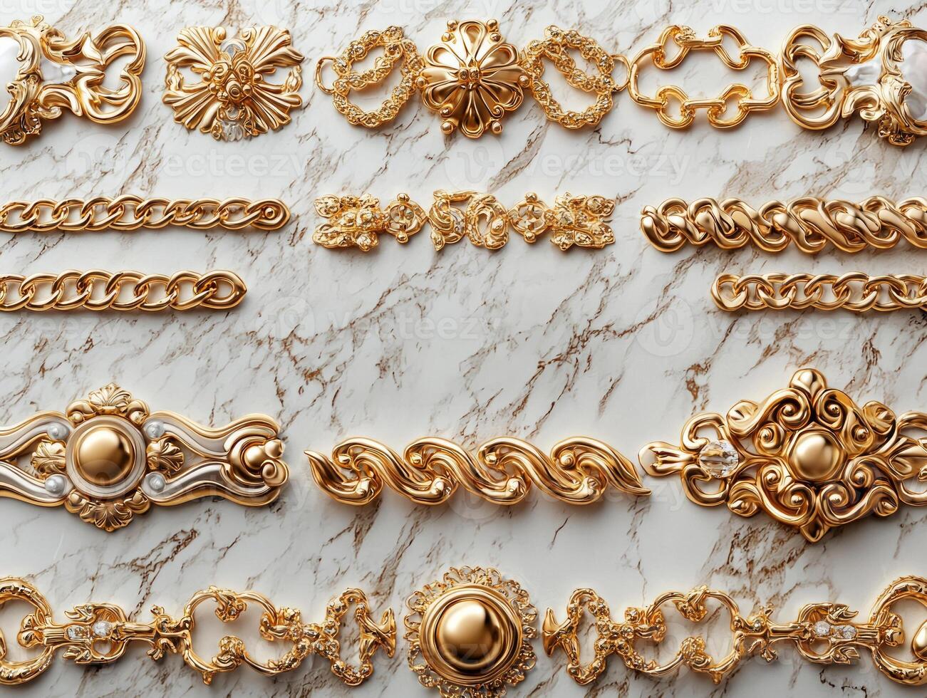 Delicate gold chains bracelets and rings are arranged on marble background creating elegant display. large blank area is present for adding custom text or logos enhancing versatility photo