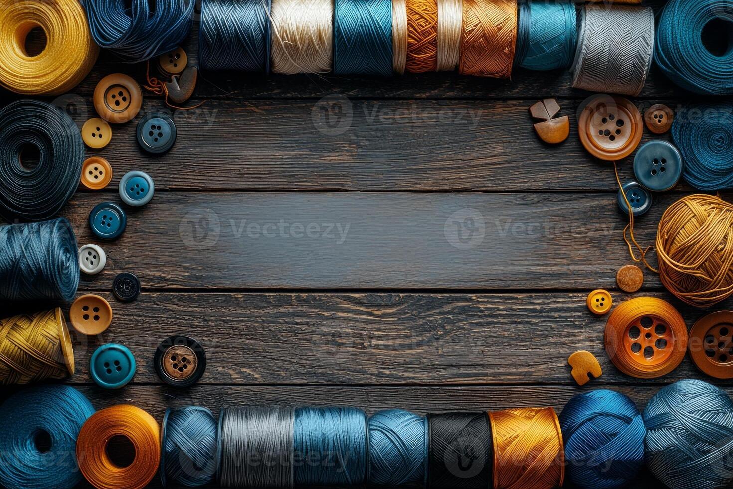 vibrant assortment of colorful ribbons buttons and sewing threads are arranged neatly on wooden surface creating perfect blank space for adding designs and text photo