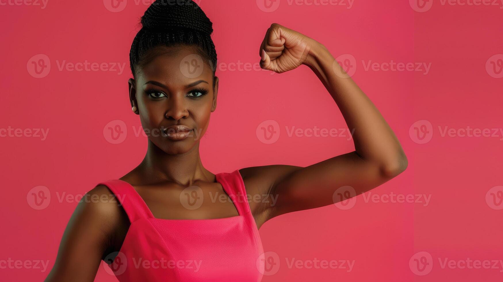 Strong confident black Woman on AccelerateAction pink background with copy space. International Womens Day 8 march 2025. Accelerate Action female hand show strength. Accelerate Action IWD banner. photo