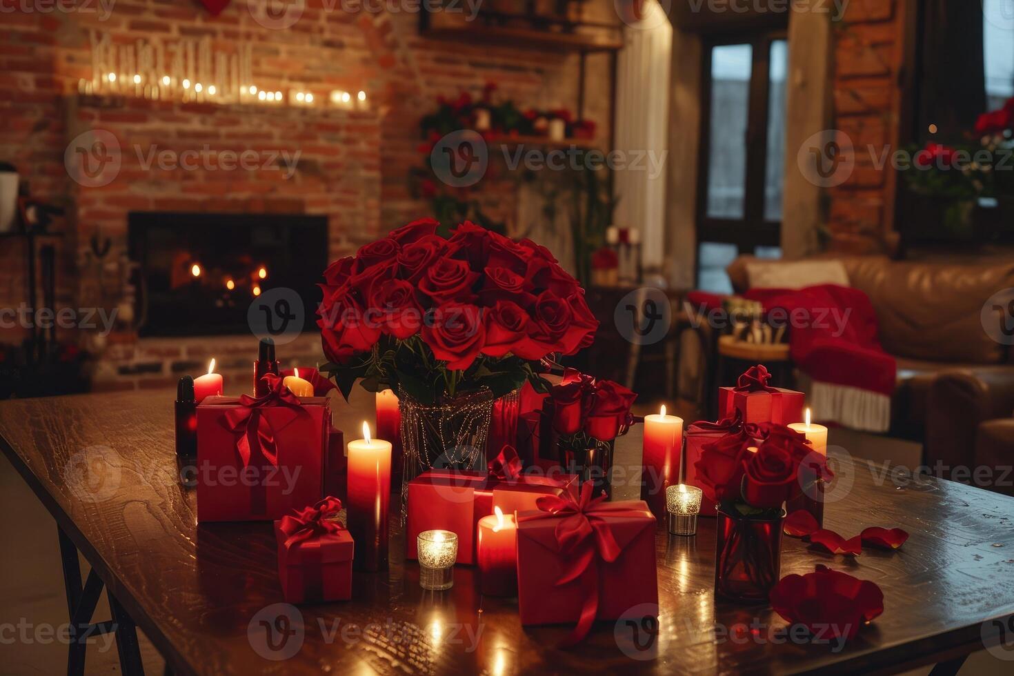 Romantic Arranged Table featuring red roses and flickering candles creates a Love setting. Soft lighting decor, perfect for an intimate dinner. Happy Valentine's Day Women and other couple holiday. photo