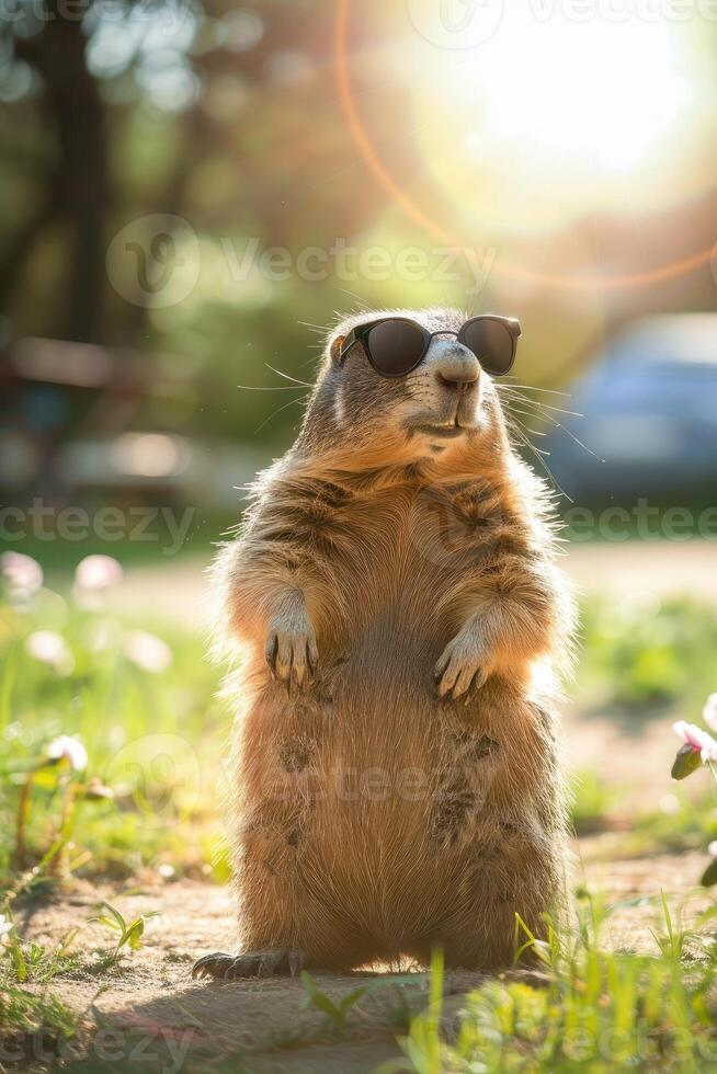 A cheerful groundhog stands upright, wearing retro sunglasses. It enjoys a sunny afternoon surrounded by green grass and flowering plants in a park photo