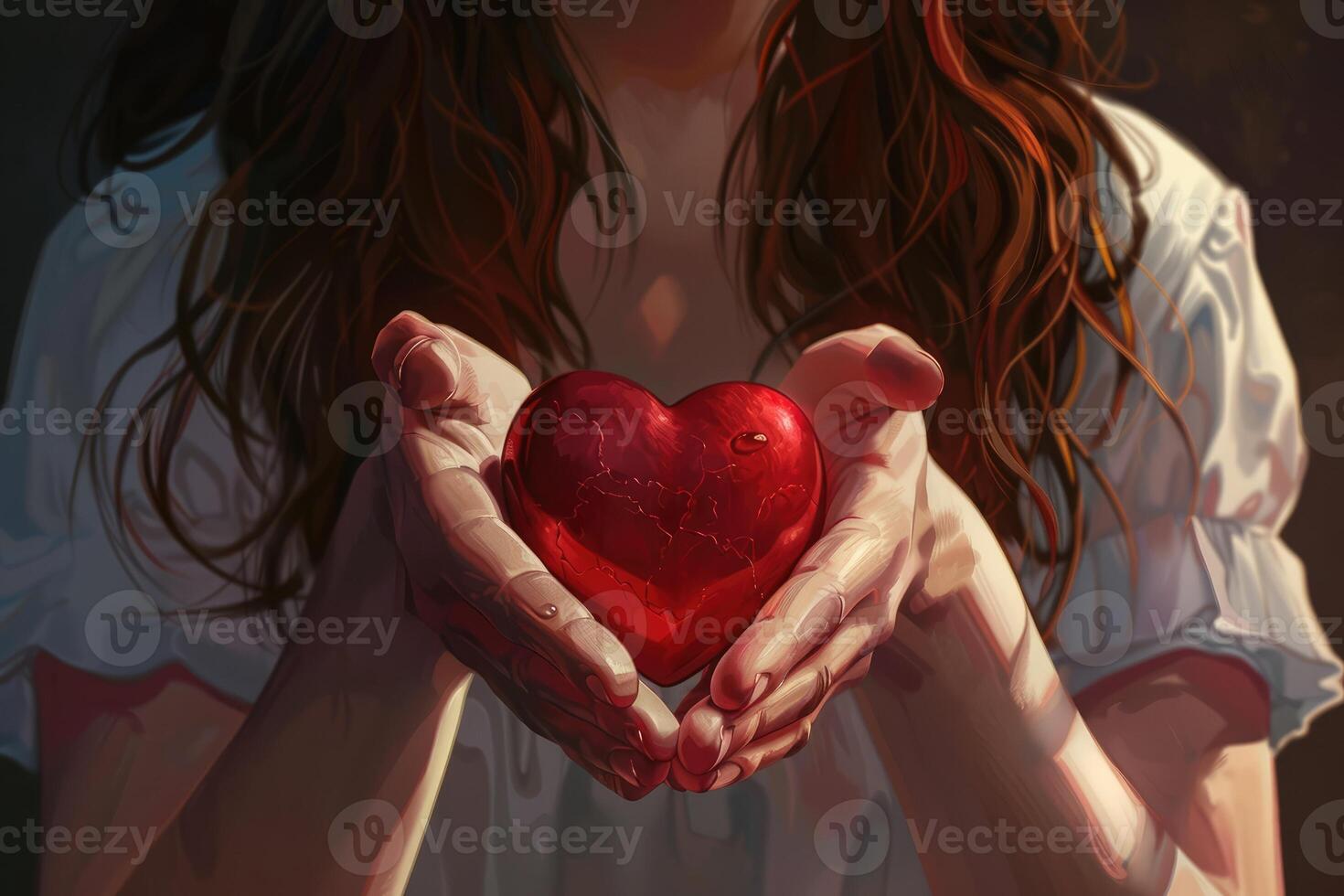 Close up Female hands hold a vibrant red heart, showcasing intricate details and textures. Happy Valentine's Day or Love banner. Deep romantic emotions, connection, inviting warmth and tenderness photo