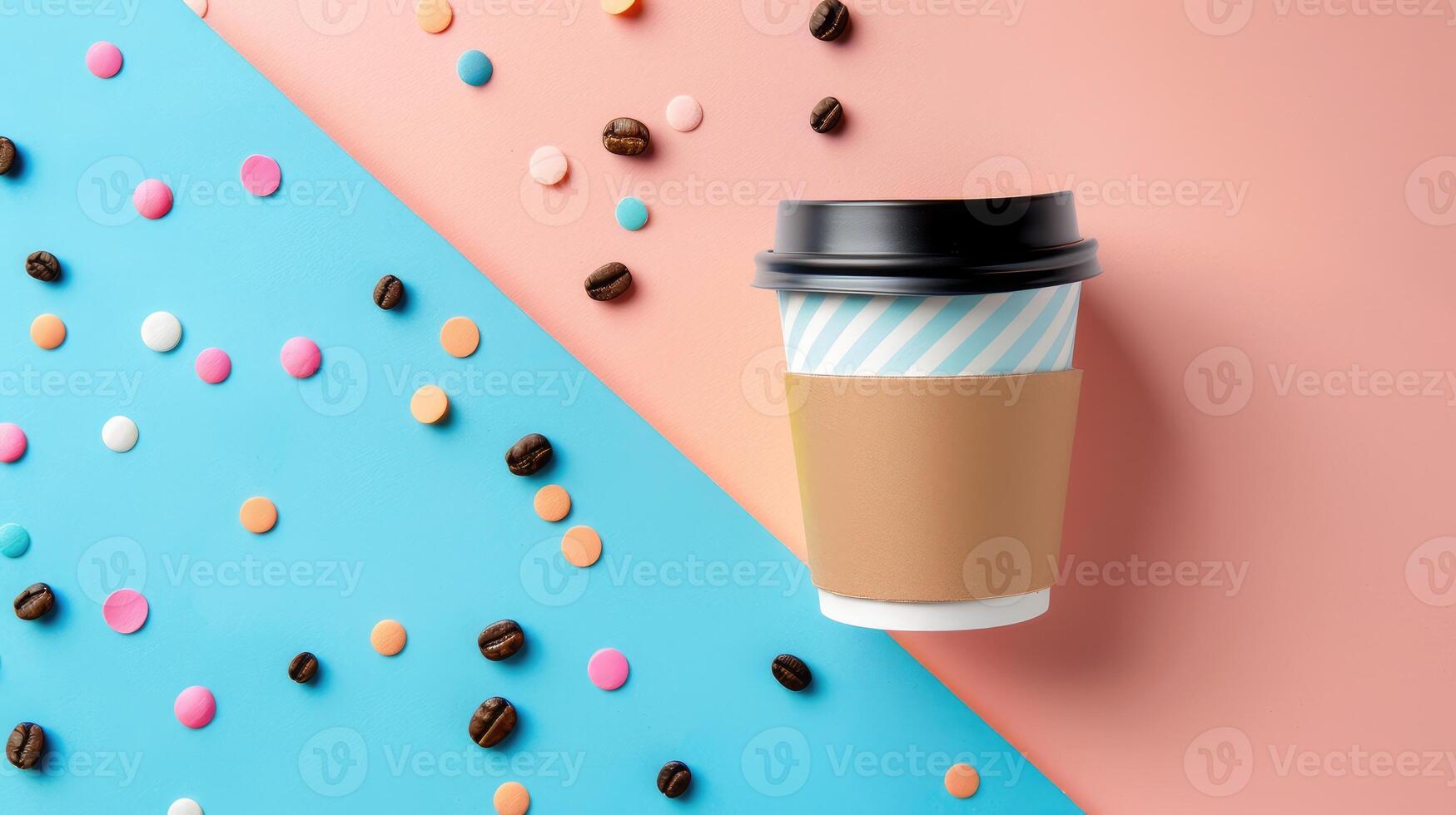 A coffee cup Mockup on a pastel background split between blue and pink, adorned with scattered colorful sprinkles, creating a minimalist aesthetic perfect for morning routines. Banner with copy space. photo