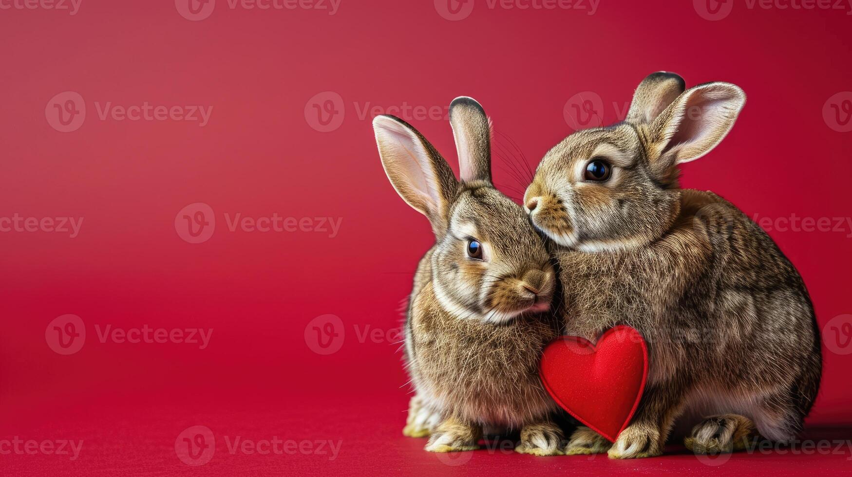 Two adorable bunnies snuggle closely together while holding a bright red heart. The warm, solid red background for showing love. Happy Valentines Day banner with copy space photo
