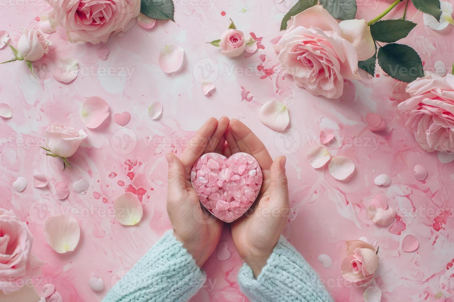 Top view Delicate hands with pink handmade soap heart, surrounded by fresh roses and petals on a soft, pastel background. Spirit of Valentine's Day. Romantic love Banner with copy space photo