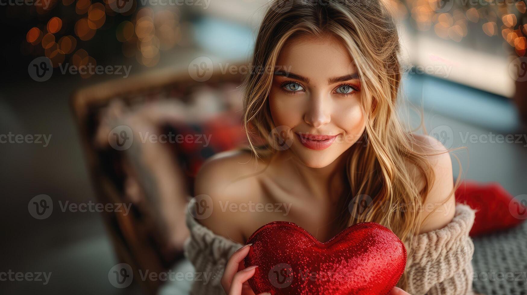 Valentine's Day Woman with flowing hair and bright eyes holds a shimmering red heart close to her chest, radiating joy and warmth. Happy Singles Awareness photo
